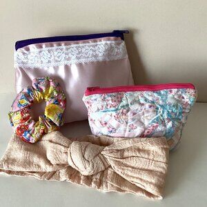 A Bundle of Handmade Makeup Pink Cosmetic Toiletry Bags Scrunchie... Vacation
